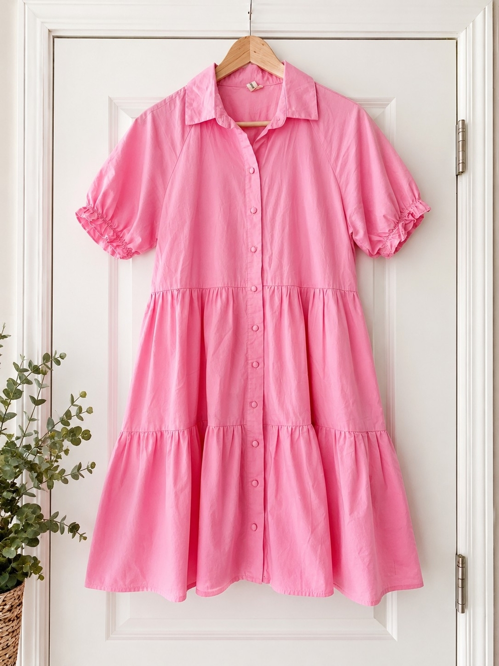 Adorne Collective Pink Cotton Tiered Button Front Shirt Dress AU 8 US 4